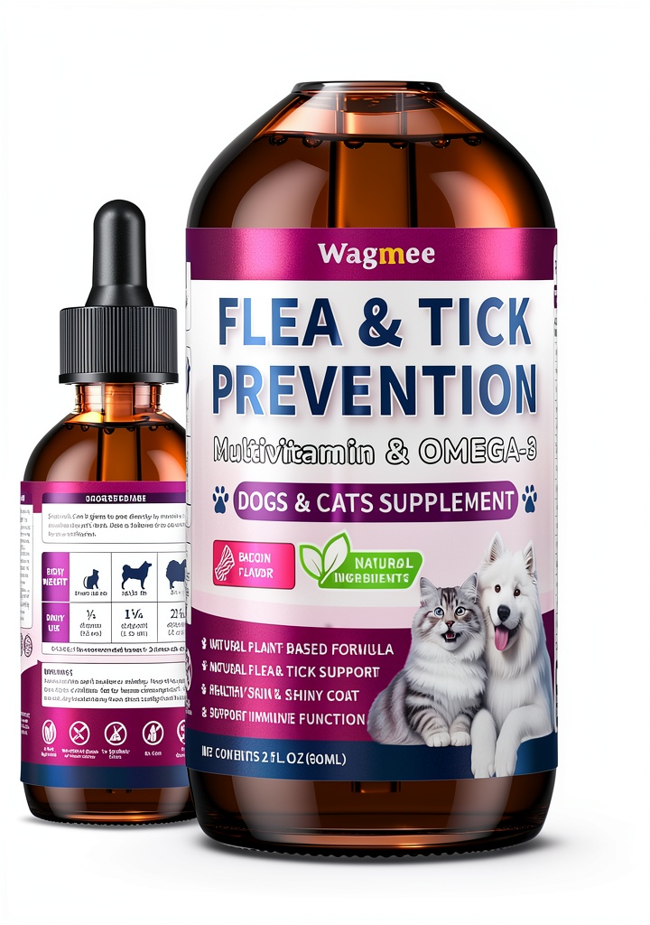 Wagmee flea drops bottle shown with a dog and cat in a home setting