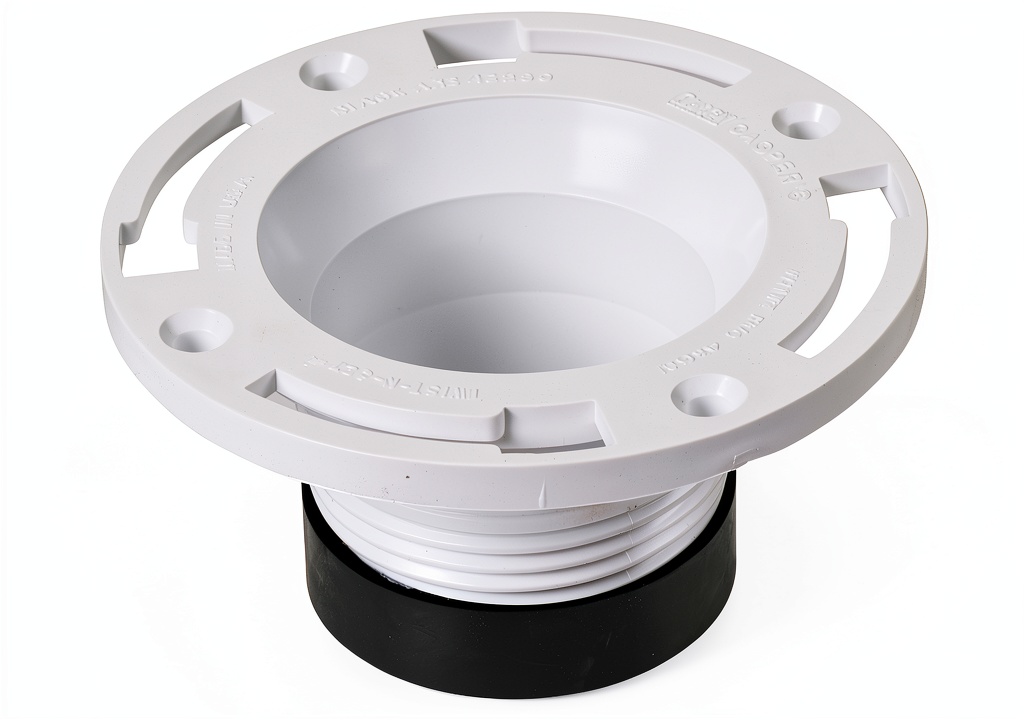 Oatey 4-inch PVC closet flange showing white PVC material and gasket design